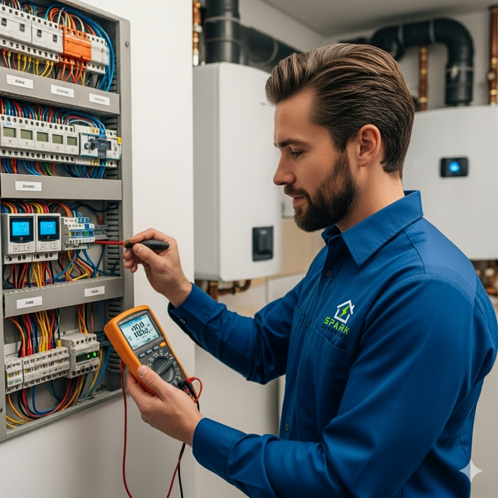 Técnico de Spark Servicios trabajando en tablero eléctrico